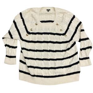 Talbots Plus Women's 3X Cable Knit Sweater Nautical Mariner Stripes Gold Button